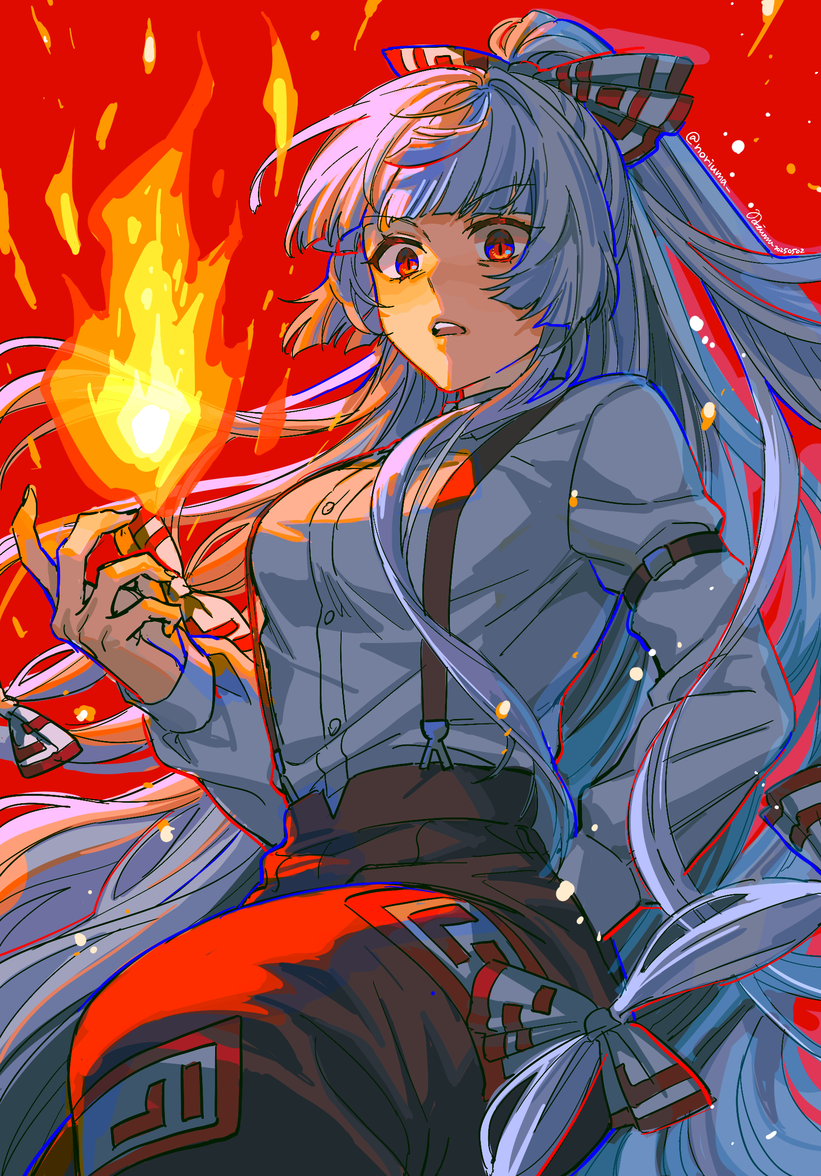 noriuma, fujiwara no mokou, touhou, commentary request, highres, 1girl, arm strap, bow, breasts, buttons, collared shirt, cowboy shot, dated, fire, hair bow, half updo, hand in pocket, juliet sleeves, long hair, long sleeves, looking ahead, looking at viewer, medium breasts, multiple hair bows, ofuda, ofuda on clothes, open mouth, pants, puffy sleeves, pyrokinesis, red background, red eyes, red pants, shirt, sidelocks, signature, sleeve garter, solo, suspenders, teeth, twitter username, two-tone bow, upper teeth only, very long hair, white hair, white shirt