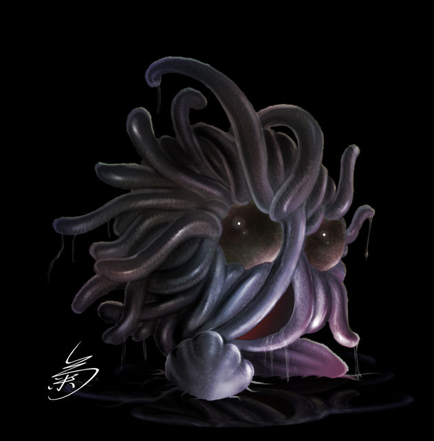 kicktyan, tangela, nintendo, pokemon, black background, full body, gen 1 pokemon, horror (theme), no humans, pokemon (creature), simple background