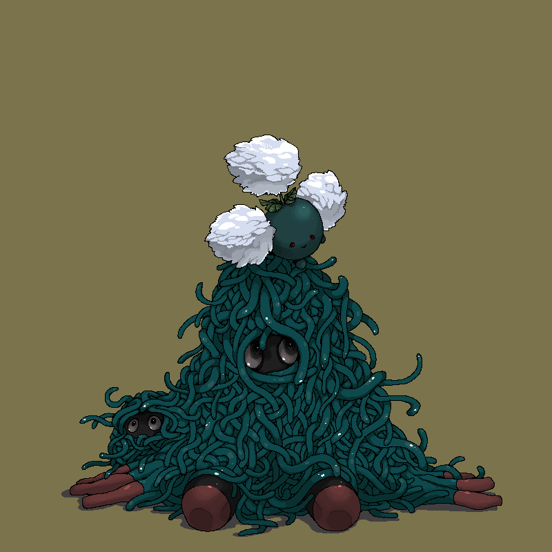 yamipika, jumpluff, tangela, tangrowth, nintendo, pokemon, black eyes, brown background, gen 1 pokemon, gen 2 pokemon, gen 4 pokemon, no humans, pokemon (creature), simple background, sitting