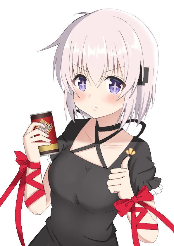 nutsu8935290986, kagari (rewrite), key (company), rewrite, commentary request, >:(, + +, 1girl, arm ribbon, black choker, black dress, blush, bow, breasts, can, choker, closed mouth, collarbone, company logo, criss-cross halter, dress, eyes visible through hair, frilled sleeves, frills, grey hair, hair between eyes, halterneck, hands up, holding, holding can, looking at viewer, medium hair, notice lines, puffy short sleeves, puffy sleeves, purple eyes, red bow, red ribbon, ribbon, short sleeves, simple background, small breasts, solo, tareme, thumbs up, upper body, v-shaped eyebrows, white background, wrist bow