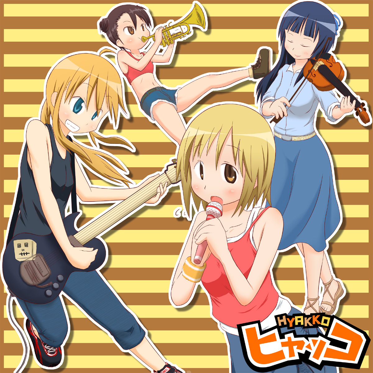 suriheru, iizuka tatsuki, kageyama torako, nonomura ayumi, saotome suzume, hyakko, bad id, bad pixiv id, highres, 00s, ahoge, blonde hair, blue eyes, blue hair, brown eyes, brown hair, denim, denim shorts, double bun, guitar, instrument, long hair, microphone, midriff, navel, orange hair, outline, short hair, shorts, trumpet, violin, white outline, wristband