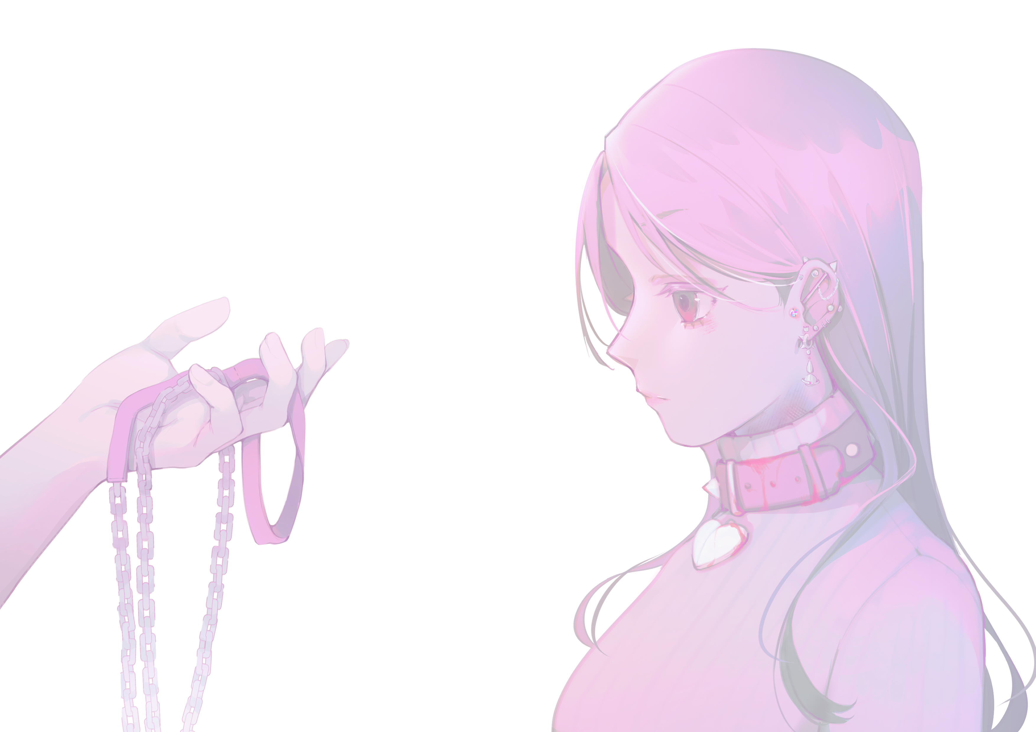 original, absurdres, commentary request, highres, 1girl, 1other, barbell piercing, belt, belt collar, breasts, chain, chain leash, closed mouth, collar, ear piercing, from side, heart collar, holding, holding leash, industrial piercing, leash, long hair, multiple piercings, piercing, pink belt, pink collar, pink eyes, pink hair, pink sweater, profile, simple background, solo focus, sweater, upper body, vyeranika, white background