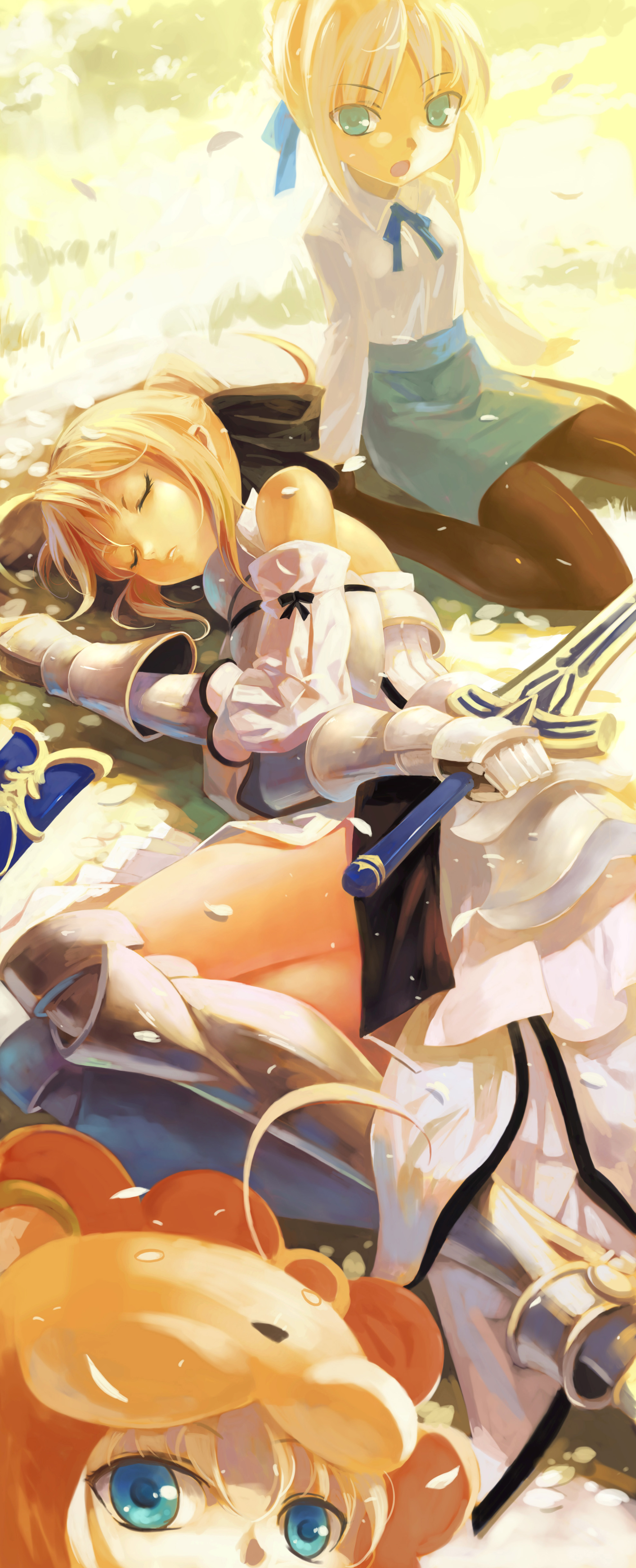ldld2, artoria pendragon (fate), saber (fate), saber lily, saber lion, capcom, fate/stay night, fate/tiger colosseum, fate/unlimited codes, fate (series), absurdres, highres, 00s, 3girls, ahoge, aqua eyes, armor, armored dress, black pantyhose, blonde hair, clone, closed eyes, dress, greaves, lion, looking at viewer, lying, multiple girls, on side, open mouth, pantyhose, ribbon, sheath, sitting, skirt, sleeping, sword, thighhighs, wariza, weapon