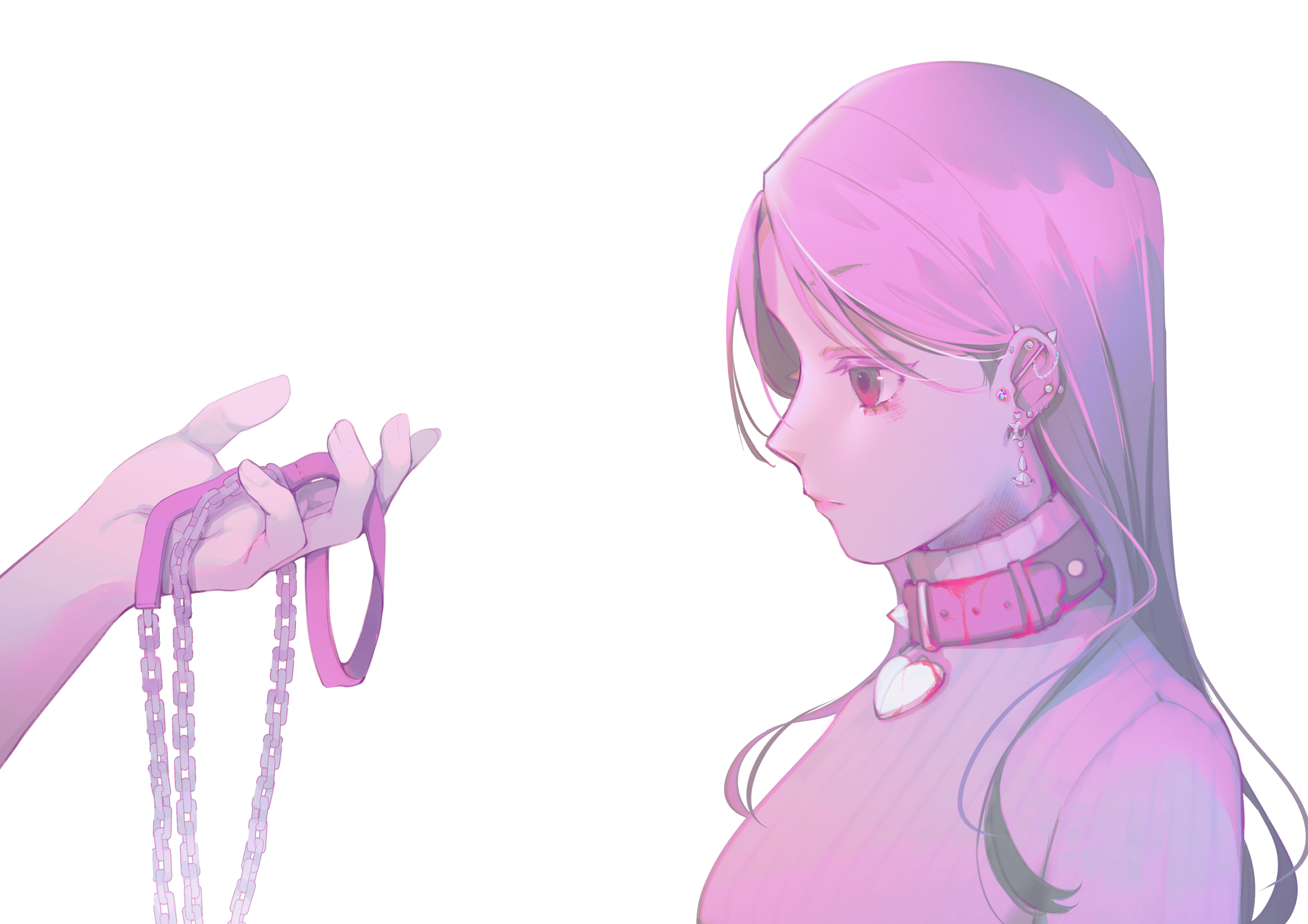 original, absurdres, commentary request, highres, 1girl, 1other, barbell piercing, belt, belt collar, breasts, chain, chain leash, closed mouth, collar, ear piercing, from side, heart collar, holding, holding leash, industrial piercing, leash, long hair, multiple piercings, piercing, pink belt, pink collar, pink eyes, pink hair, pink sweater, profile, simple background, solo focus, sweater, upper body, vyeranika, white background