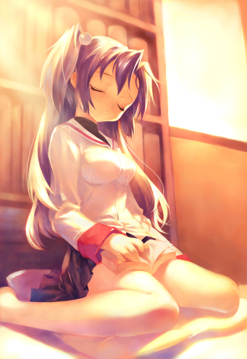 ldld2, ichinose kotomi, clannad, light, 00s, 1girl, book, closed eyes, cushion, female focus, hair bobbles, hair ornament, head tilt, long hair, muted color, purple hair, school uniform, serafuku, sitting, sleeping, solo, twintails, two side up, wariza