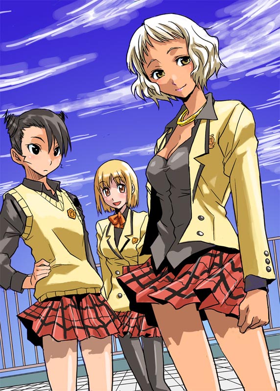 uheri, nonomura ayumi, ooba minato, saotome suzume, hyakko, black legwear, orange neckwear, silver hair, 00s, 3girls, black eyes, black hair, black shirt, blonde hair, blush, breasts, cleavage, cloud, collar, collared shirt, cowboy shot, dark-skinned female, dark skin, day, double bun, dutch angle, facing viewer, hair bun, hand on own hip, light smile, looking at another, looking at viewer, medium breasts, miniskirt, multiple girls, outdoors, pantyhose, plaid clothes, plaid skirt, pleated skirt, railing, rooftop, school uniform, shirt, short hair, short hair with long locks, sidelocks, skirt, sky, small breasts, standing, sweater vest, yellow eyes