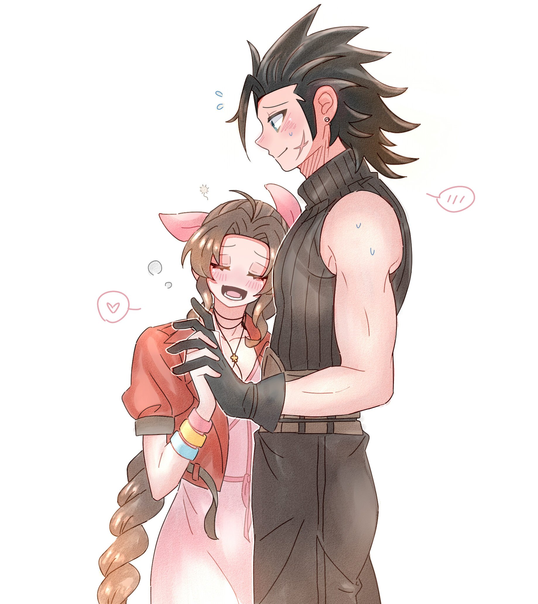 7 (milu577610), aerith gainsborough, zack fair, crisis core final fantasy vii, final fantasy, final fantasy vii, final fantasy vii remake, highres, 1boy, 1girl, bare shoulders, black gloves, black hair, black pants, black sweater, blush, bracelet, braid, braided ponytail, brown hair, choker, couple, cowboy shot, cross scar, earrings, facial scar, flying sweatdrops, from side, gloves, hair ribbon, heart, height difference, holding hands, interlocked fingers, jacket, jewelry, looking at another, open clothes, open jacket, open mouth, pants, pink ribbon, pink sweater, ponytail, profile, red jacket, ribbed sweater, ribbon, scar, scar on cheek, scar on face, short hair, simple background, sleeveless, sleeveless turtleneck, spiked hair, spoken blush, spoken heart, stud earrings, sweat, sweatdrop, sweater, turtleneck, turtleneck sweater, white background