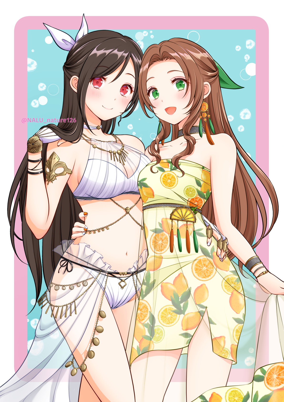 nalu, aerith gainsborough, aerith gainsborough (citric dress), tifa lockhart, tifa lockhart (passion mermaid), final fantasy, final fantasy vii, final fantasy vii ever crisis, commentary request, highres, 2girls, armlet, bare shoulders, belly chain, bikini, black hair, blush, bow, bracelet, breasts, brown hair, choker, closed mouth, collarbone, dress, earrings, feet out of frame, fingerless gloves, gloves, green eyes, hair bow, hand on another's waist, jewelry, long hair, looking at viewer, medium breasts, multiple girls, navel, official alternate costume, open mouth, parted bangs, red eyes, sarong, see-through clothes, see-through sarong, small breasts, smile, stomach, strapless, strapless dress, swimsuit, twitter username, white bikini, white bow, white gloves