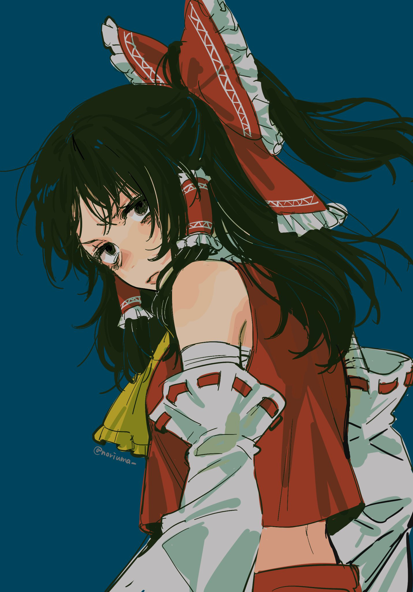 noriuma, hakurei reimu, touhou, commentary request, highres, 1girl, ascot, bags under eyes, bandaged arm, bandages, bare shoulders, black eyes, black hair, blue background, bow, chest sarashi, crop top, detached sleeves, frilled bow, frilled hair tubes, frills, from behind, hair bow, hair tubes, long hair, looking back, midriff, ponytail, red bow, red skirt, ribbon-trimmed sleeves, ribbon trim, sad, sarashi, simple background, skirt, skirt set, solo, twitter username, upper body, yellow ascot