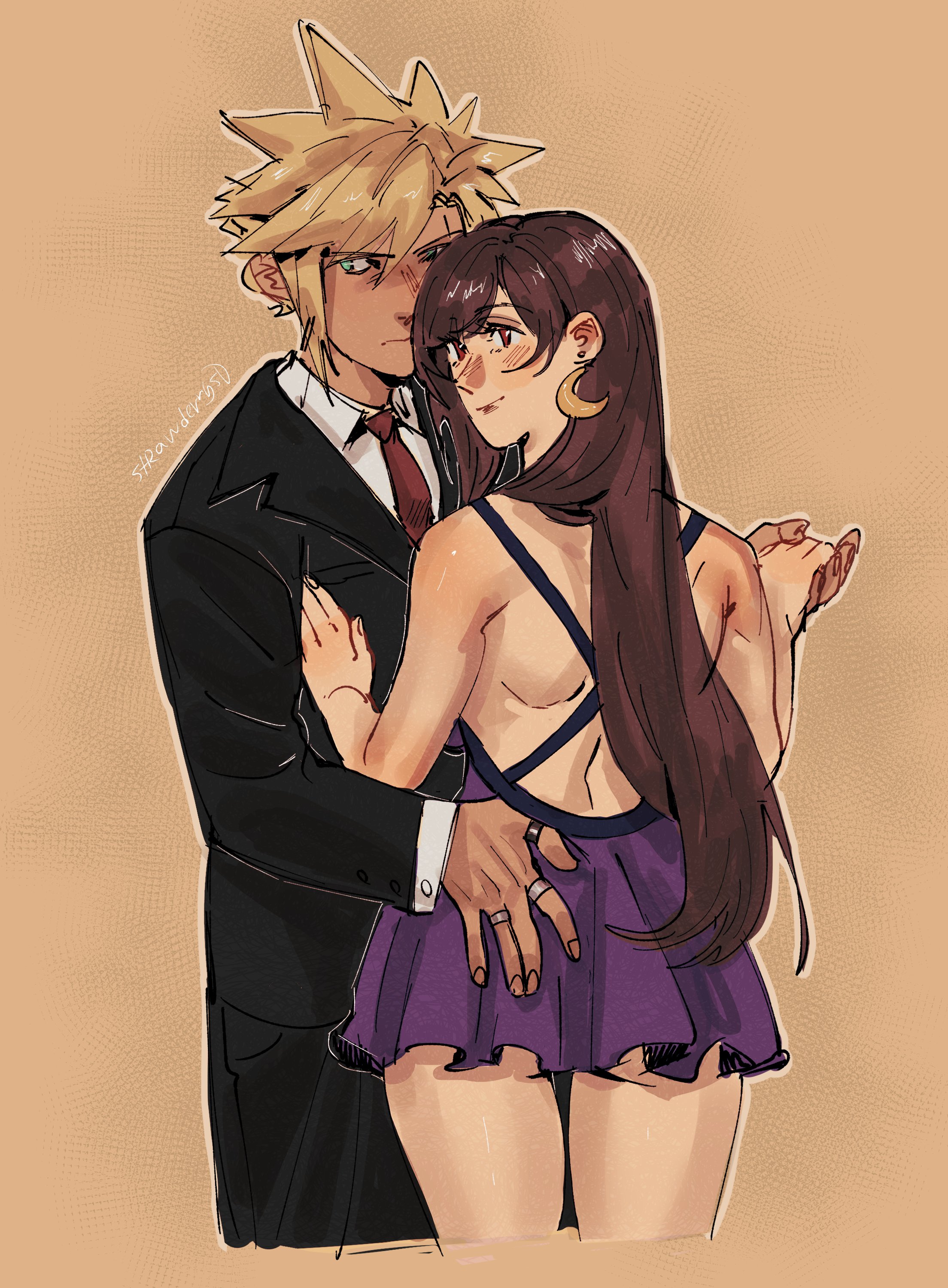 strawderryst, cloud strife, tifa lockhart, tifa lockhart (refined dress), final fantasy, final fantasy vii, final fantasy vii remake, absurdres, commentary, english commentary, highres, ass peek, backless dress, backless outfit, bare arms, bare shoulders, black hair, black jacket, blonde hair, blue eyes, blush, closed mouth, collared shirt, couple, cowboy shot, crescent, crescent earrings, cropped legs, dress, earrings, hand on another's ass, holding hands, jacket, jewelry, long hair, looking at viewer, looking back, necktie, purple dress, red eyes, red necktie, ring, serious, shirt, short dress, spiked hair, suit jacket, twitter username, white shirt