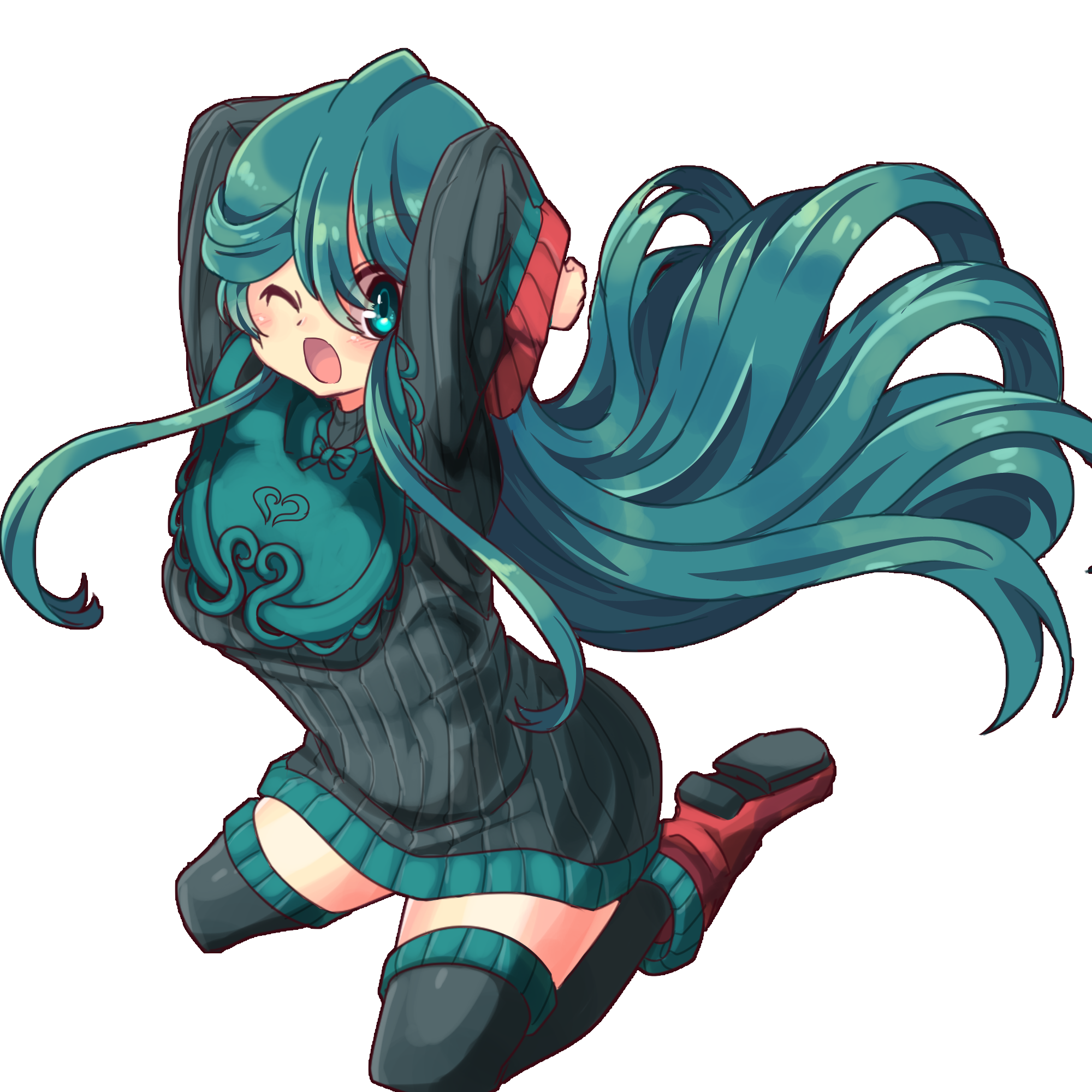 borokuro, tangrowth, nintendo, pokemon, highres, 1girl, ;o, arms up, black sweater, black thighhighs, gen 4 pokemon, long hair, one eye closed, personification, red shoes, ribbed sweater, shoes, simple background, solo, sweater, thighhighs, very long hair, white background