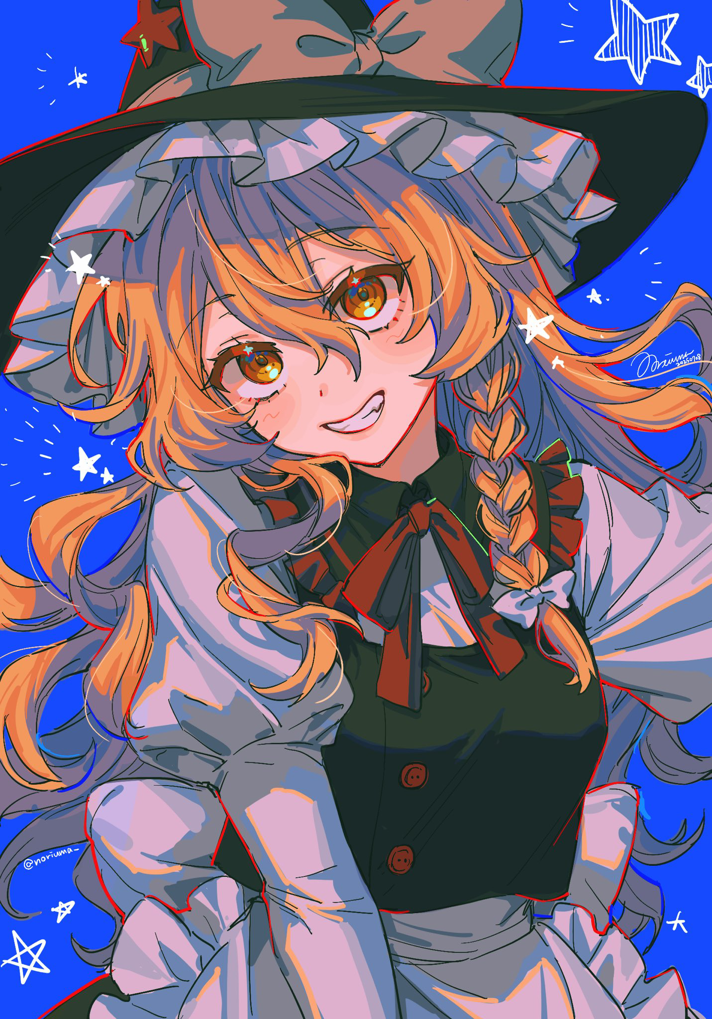 noriuma, kirisame marisa, touhou, undefined fantastic object, commentary request, highres, 1girl, apron, black hat, black vest, blonde hair, blue background, bow, braid, cowboy shot, grey bow, grin, hair between eyes, hair bow, hat, hat bow, juliet sleeves, long hair, long sleeves, looking at viewer, neck ribbon, puffy sleeves, red ribbon, ribbon, shirt, side braid, signature, single braid, smile, solo, star (symbol), vest, waist apron, white apron, white bow, white shirt, witch hat, yellow eyes