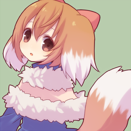 bow alma, emil chronicle online, lowres, 1girl, animal ears, blue dress, brown hair, capelet, dog ears, dog girl, dog tail, dress, from behind, fur capelet, green background, hair ribbon, looking back, pink ribbon, ribbon, solo, tail, tarou 4, white capelet
