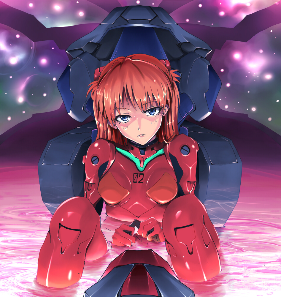 kasai shin, souryuu asuka langley, neon genesis evangelion, fingers together, 1girl, blue eyes, blush, bodysuit, breasts, cockpit, female focus, gloves, hair ornament, knees up, lcl, long hair, looking at viewer, mecha pilot suit, orange hair, parted lips, partially submerged, plugsuit (evangelion), red bodysuit, sitting, small breasts, solo, turtleneck, water