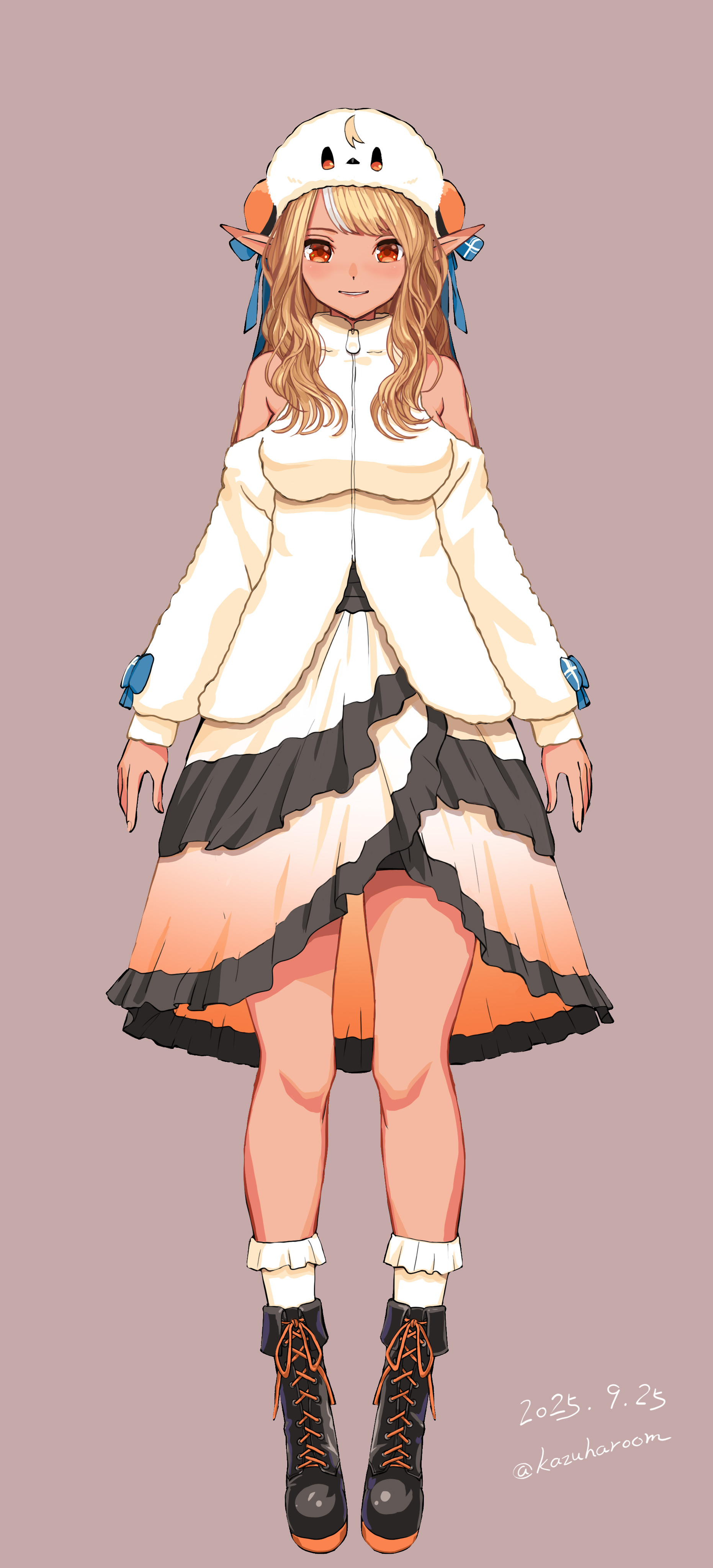 haruyama kazunori, blonde hair, breasts, hat, large breasts, long hair, pointy ears, thick thighs, thighs