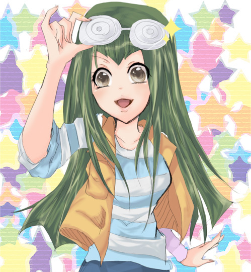 carly nagisa, yu-gi-oh!, yu-gi-oh! 5d's, striped, 00s, @ @, brown eyes, coke-bottle glasses, glasses, green hair, long hair, smile, solo, sparkle