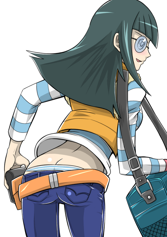 carly nagisa, yu-gi-oh!, yu-gi-oh! 5d's, striped, 00s, 1girl, @ @, ass, bag, belt, butt crack, coke-bottle glasses, female focus, glasses, green hair, long hair, pants, solo