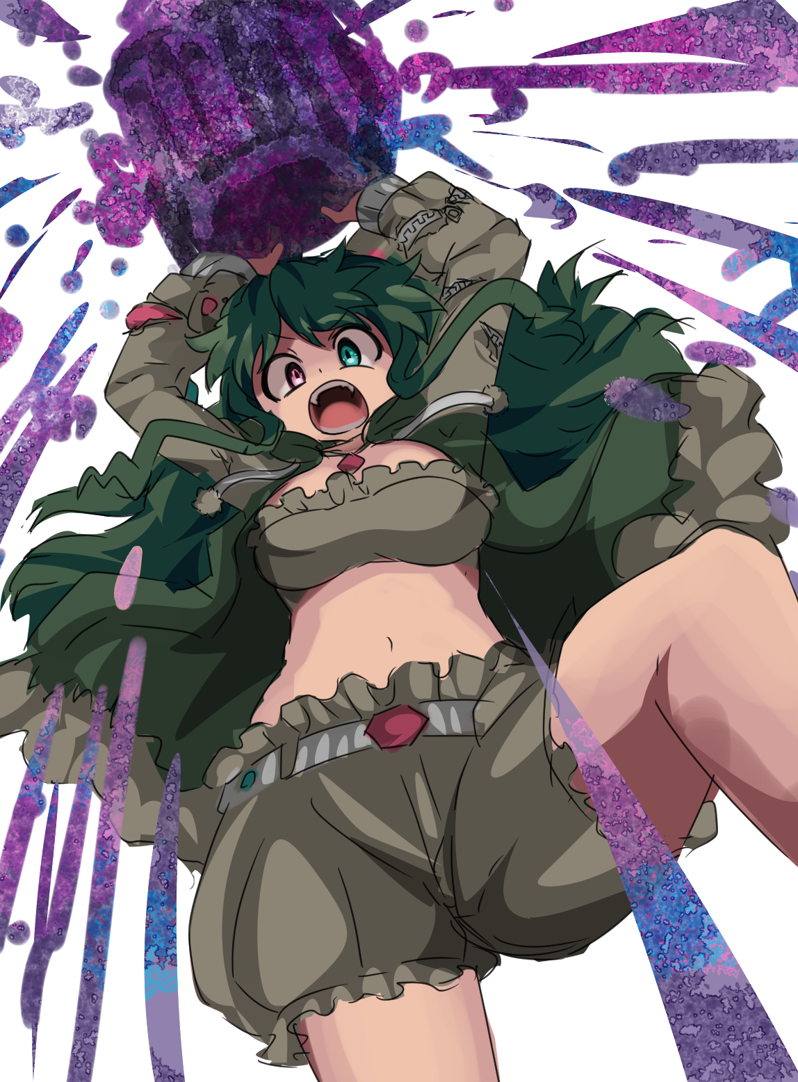 borokuro, garbodor, nintendo, pokemon, highres, 1girl, :o, arms up, blue eyes, breasts, brown shorts, brown sleeves, cleavage, from below, gen 5 pokemon, green hair, heterochromia, looking at viewer, messy hair, navel, personification, pink eyes, shorts, standing, standing on one leg, trash can
