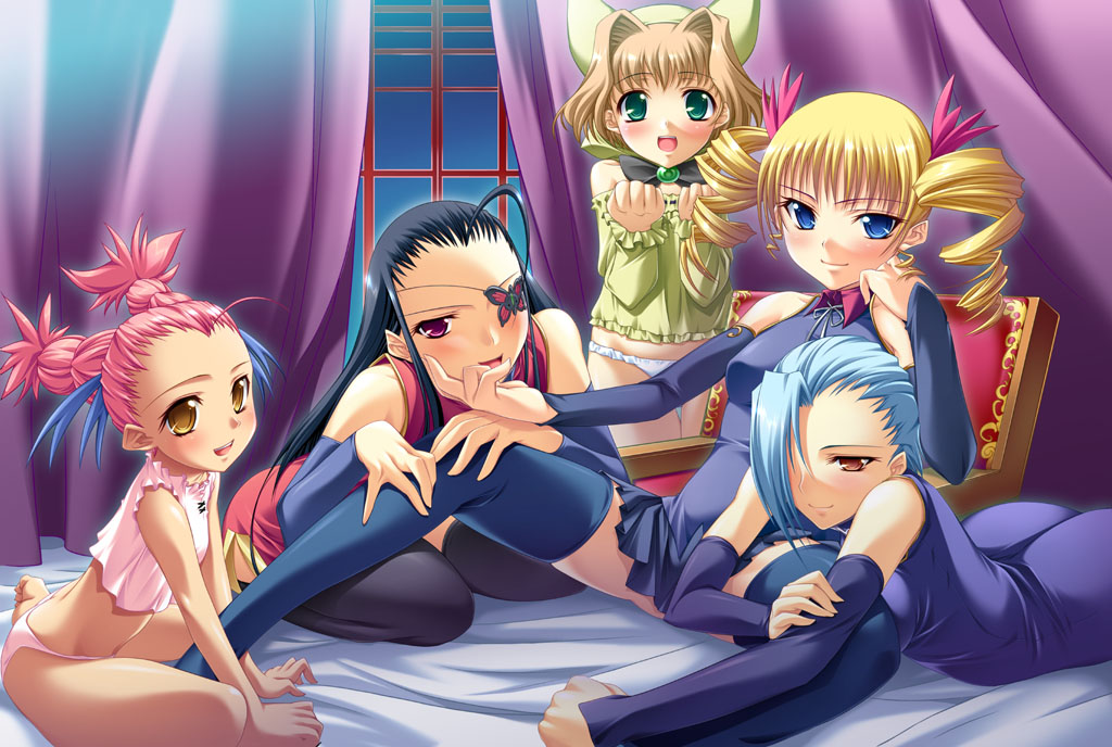 kantaka, jun'iku (koihime musou), kakouen (koihime musou), kakouton (koihime musou), kyocho (koihime musou), sousou (koihime musou), koihime musou, 00s, 5girls, black hair, blonde hair, blue eyes, blue hair, brown eyes, brown hair, everyone, eyepatch, flat chest, green eyes, lingerie, multiple girls, pink eyes, pink hair, thighhighs, underwear, yellow eyes, yuri