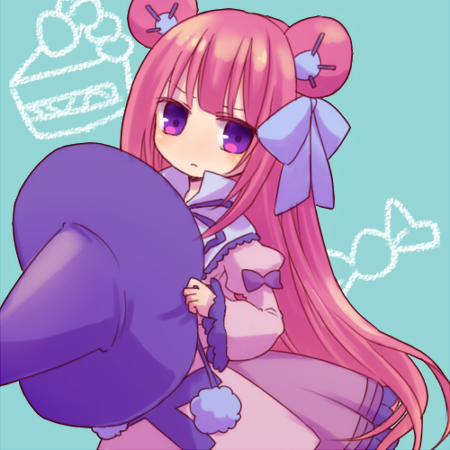 dumpty alma, emil chronicle online, puzzle & dragons, lowres, 1girl, animal ears, bear ears, bear girl, blue capelet, blue ribbon, capelet, dress, frilled dress, frills, green background, hair ribbon, hat, holding, holding unworn clothes, holding unworn hat, purple dress, purple eyes, purple hair, purple hat, ribbon, solo, tarou 4, unworn hat, unworn headwear, witch hat