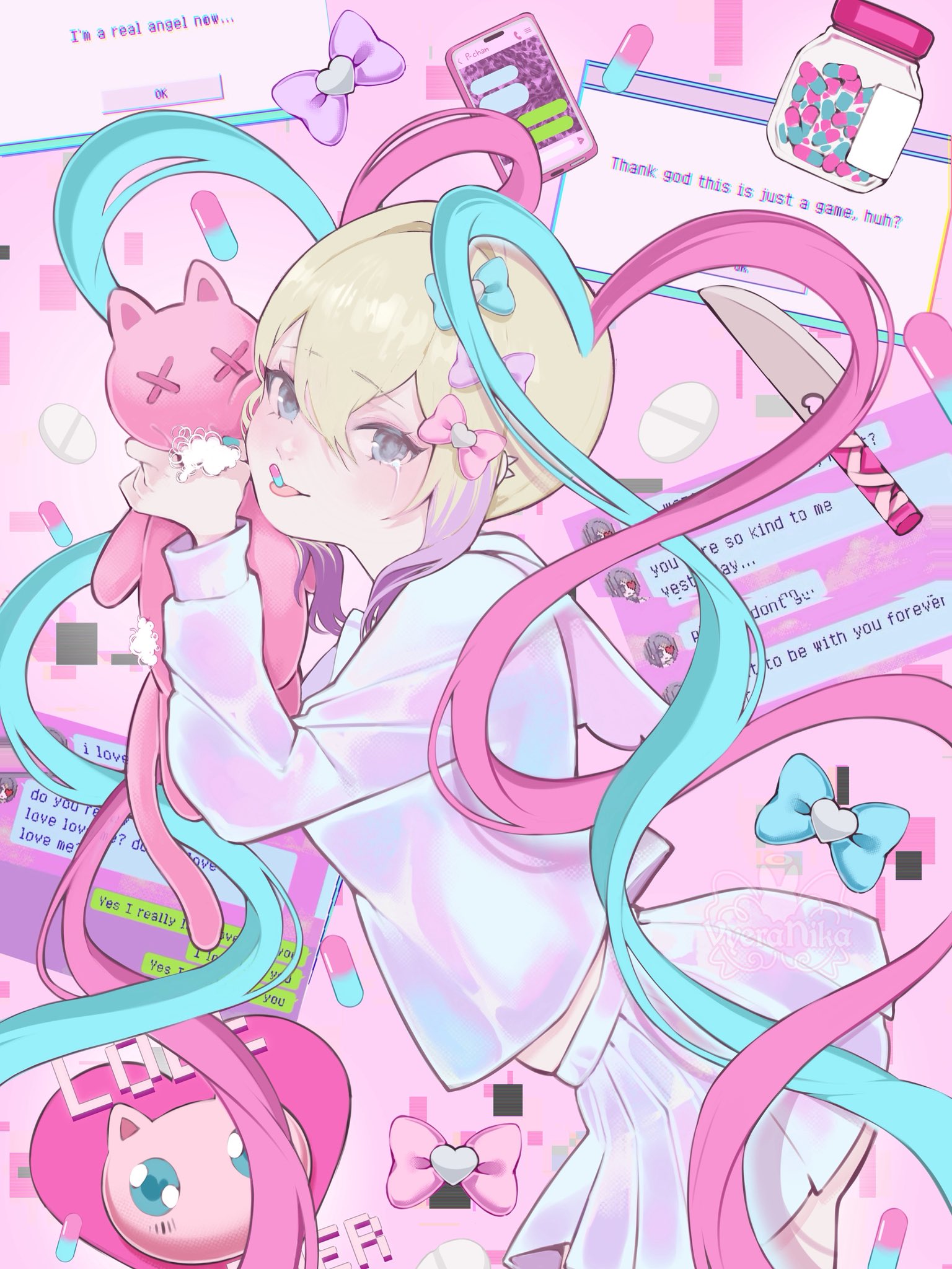 chouzetsusaikawa tenshi-chan, needy girl overdose, commentary, highres, 1girl, artist name, blonde hair, blue bow, blue eyes, blue hair, bow, breasts, cellphone, chat log, cowboy shot, double-parted bangs, from side, hair between eyes, hair bow, holding, holding stuffed toy, jar, knife, leaning forward, long hair, long sleeves, looking at viewer, midriff peek, multicolored hair, phone, pill, pill on tongue, pink background, pink bow, pink hair, purple bow, shirt, skirt, smartphone, solo, stuffed animal, stuffed cat, stuffed toy, tongue, tongue out, very long hair, vyeranika, white shirt, white skirt, window (computing)