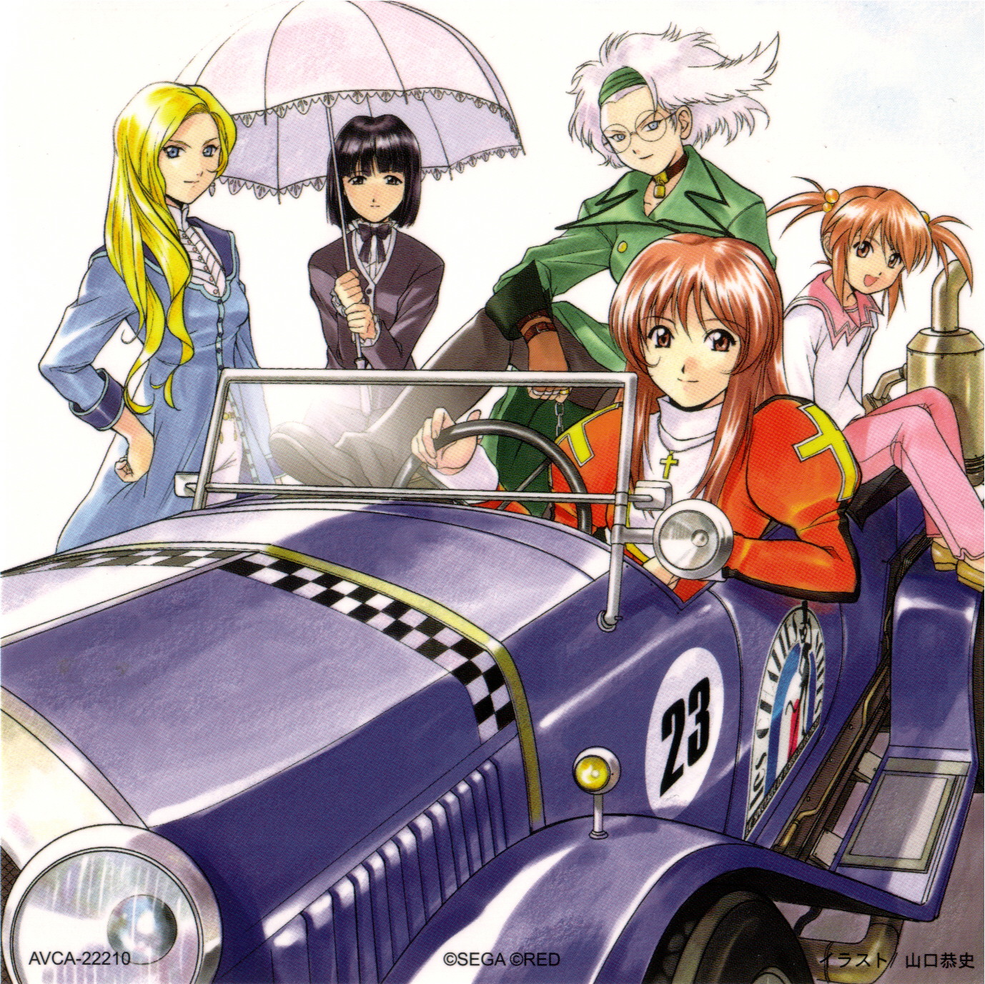fujishima kousuke, coquelicot (sakura taisen), erica fontaine, glycine bleumer, kitaooji hanabi, lobelia carlini, sakura taisen, sakura taisen iii, sega, silver hair, highres, official art, scan, 00s, 5girls, black hair, blonde hair, blue eyes, bow, bowtie, brown eyes, brown hair, car, chain, choker, coat, cross, earrings, fingerless gloves, formal clothes, glasses, gloves, grey eyes, jewelry, left-hand drive, long hair, motor vehicle, multiple girls, nun, short hair, smile, suit, trench coat, twintails, vehicle focus