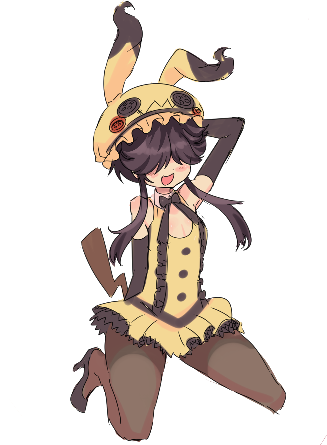borokuro, mimikyu, nintendo, pokemon, highres, 1other, :o, black bow, black gloves, black hair, black shoes, bow, brown pantyhose, dress, elbow gloves, fake tail, flat chest, full body, gen 7 pokemon, gloves, hair over eyes, hat, high heels, long sidelocks, pantyhose, personification, shoes, sidelocks, simple background, sitting, sketch, tail, white background, yellow dress, yellow hat