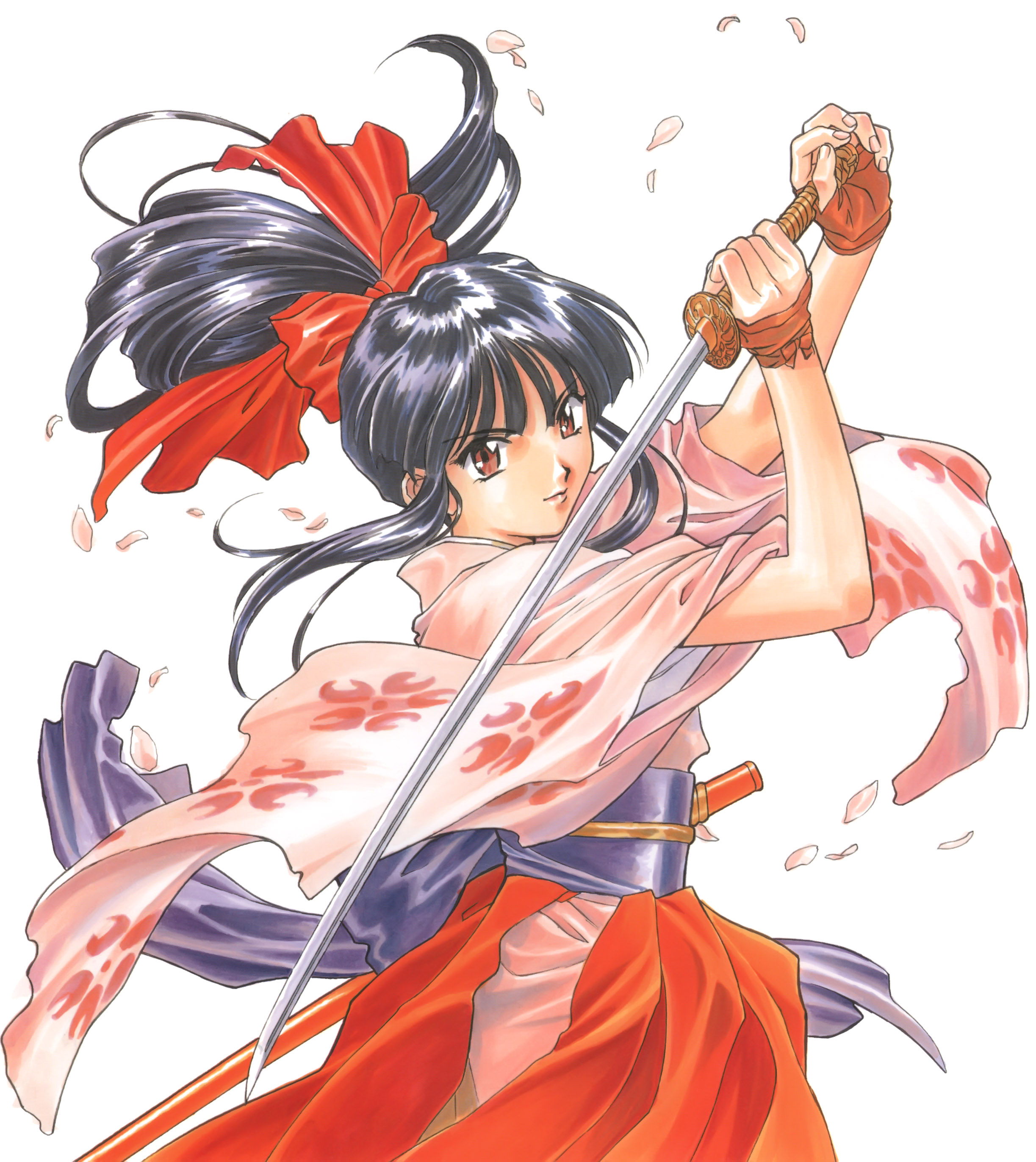 fujishima kousuke, shinguuji sakura, sakura taisen, absurdres, highres, official art, painting (medium), scan, traditional media, watercolor (medium), 00s, 1girl, black hair, bow, brown eyes, cherry blossoms, female focus, fingerless gloves, gloves, hair bow, japanese clothes, katana, kimono, long hair, name connection, object namesake, petals, ponytail, solo, sword, weapon
