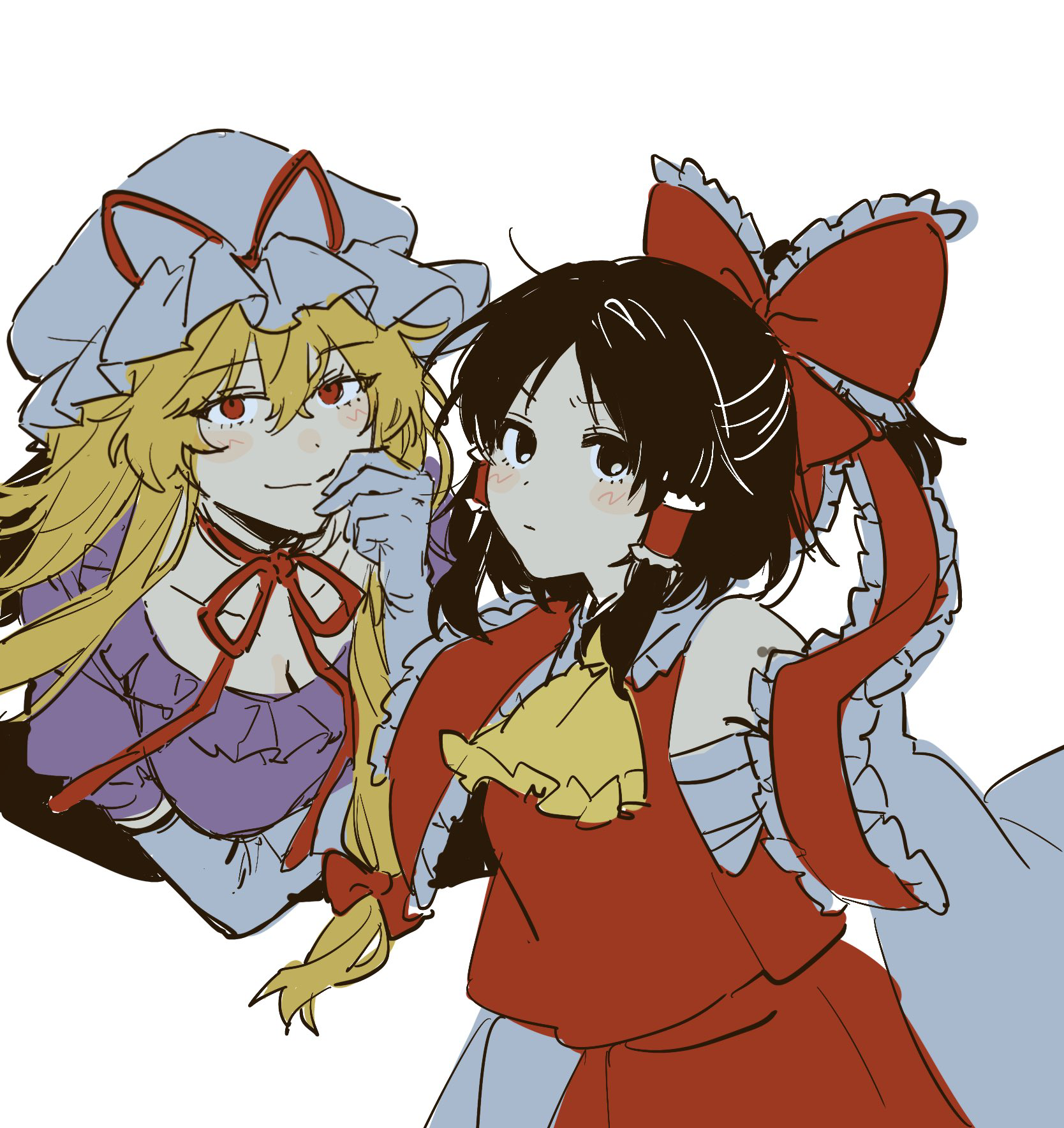 noriuma, hakurei reimu, yakumo yukari, touhou, commentary request, highres, 2girls, ascot, black eyes, black hair, blonde hair, blush, bow, breasts, choker, cleavage, detached sleeves, dress, elbow gloves, frilled bow, frilled hair tubes, frills, gap (touhou), gloves, hair between eyes, hair bow, hair tubes, hand on own cheek, hand on own face, hat, hat ribbon, long hair, looking at viewer, medium hair, mob cap, multiple girls, purple dress, red bow, red eyes, red ribbon, red shirt, red skirt, ribbon, ribbon choker, sarashi, shirt, skirt, skirt set, smile, white background, yellow ascot