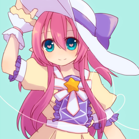 emil chronicle online, lowres, 1girl, dress, frilled dress, frills, green background, hat, hat ribbon, heart, heart-shaped pupils, long hair, long sidelocks, official alternate costume, pink hair, pointy ears, purple ribbon, ribbon, shugoma fumitsuki, sidelocks, solo, star (symbol), symbol-shaped pupils, tarou 4, two side up, white dress, white hat, white wrist cuffs, wrist cuffs