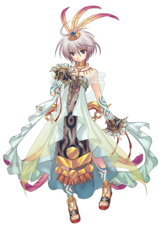 shaman (ragnarok online), sierra (ro), ragnarok online, ragnarok online ds, lowres, 1girl, ahoge, dress, feathers, female focus, full body, jewelry, necklace, purple eyes, purple hair, sandals, short hair, simple background, solo, tattoo
