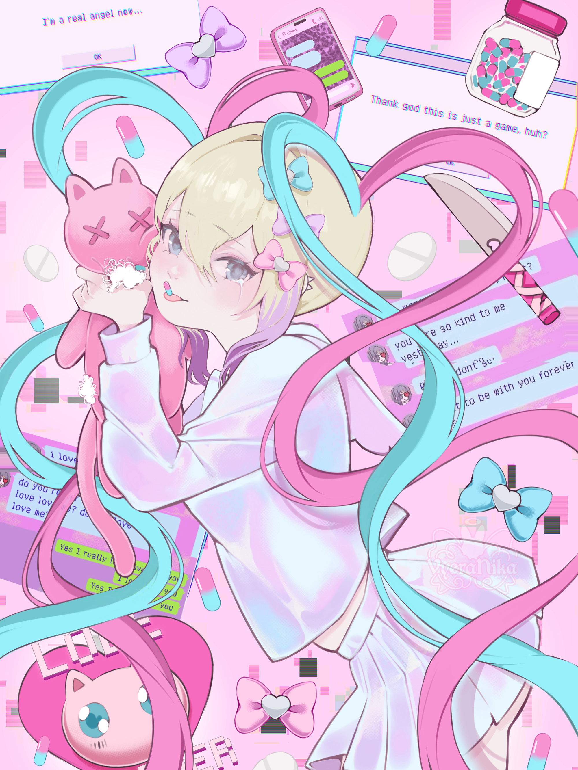 chouzetsusaikawa tenshi-chan, needy girl overdose, absurdres, commentary request, highres, 1girl, artist name, blonde hair, blue bow, blue eyes, blue hair, bow, breasts, cellphone, chat log, cowboy shot, double-parted bangs, from side, hair between eyes, hair bow, holding, holding stuffed toy, jar, knife, leaning forward, long hair, long sleeves, looking at viewer, midriff peek, multicolored hair, phone, pill, pill on tongue, pink background, pink bow, pink hair, purple bow, shirt, skirt, smartphone, solo, stuffed animal, stuffed cat, stuffed toy, tongue, tongue out, very long hair, vyeranika, white shirt, white skirt, window (computing)