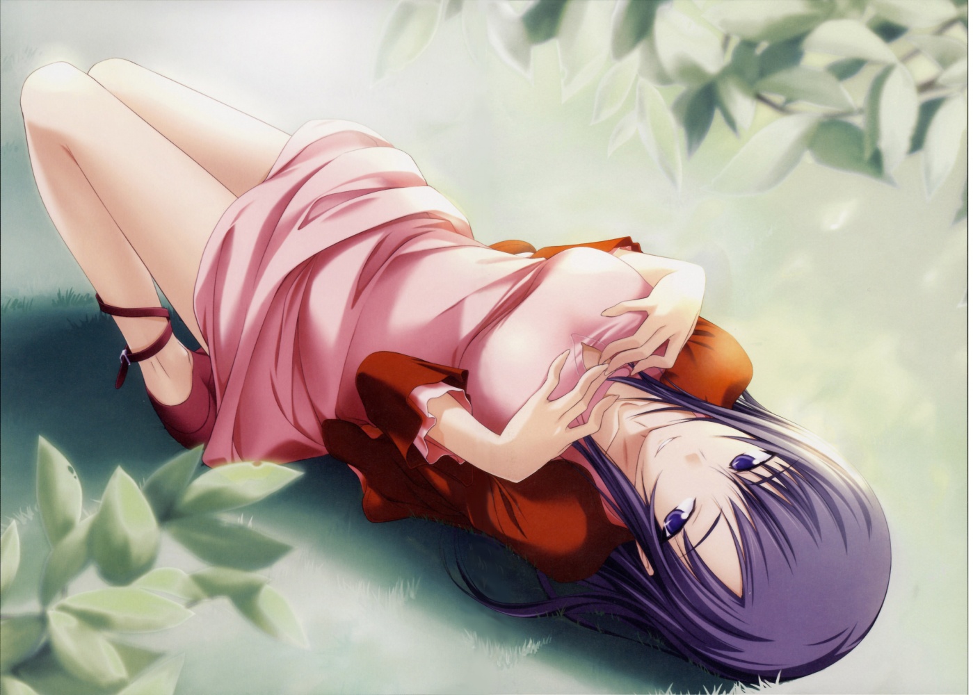 kawagishi keitarou, hizuki shino, ringetsu, shin ringetsu, 00s, 1girl, blue eyes, breasts, dress, female focus, large breasts, lying, outdoors, purple hair, smile, solo, thighs