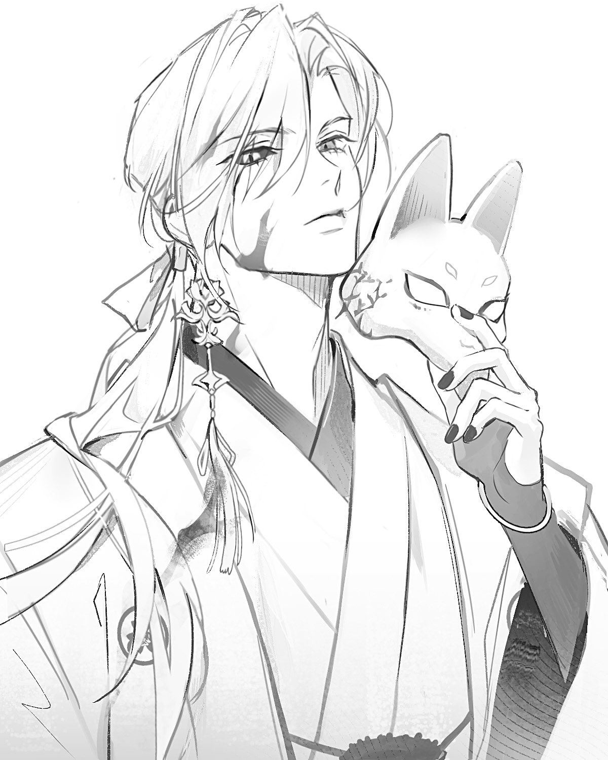 neru (jojo86080879), fox mask (silent hill), silent hill (series), silent hill f, highres, 1boy, bridal gauntlets, closed mouth, earrings, expressionless, fox mask, greyscale, holding, holding mask, japanese clothes, jewelry, long hair, looking at viewer, low ponytail, male focus, mask, mismatched sclera, monochrome, nail polish, ponytail, simple background, single earring, sketch, solo, tassel, tassel earrings, upper body, white background
