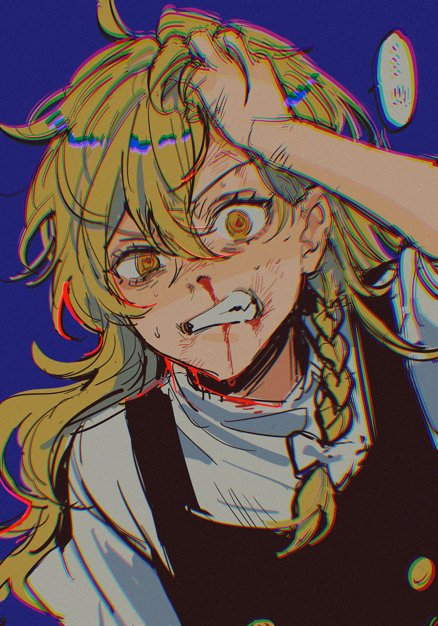 noriuma, kirisame marisa, touhou, commentary request, highres, !, !!, …, 1girl, adjusting hair, ahoge, angry, arm up, black vest, blonde hair, blood, blood from mouth, blood on clothes, blood on face, blue background, bow, braid, buttons, chromatic aberration, clenched teeth, eyelashes, fang, film grain, grabbing own hair, hair between eyes, hair bow, hair over shoulder, hand in own hair, holding, holding own hair, injury, long hair, looking at viewer, messy hair, no headwear, nosebleed, parted lips, ruffling hair, shirt, short sleeves, side braid, simple background, single braid, solo, speech bubble, sweat, teeth, upper body, v-shaped eyebrows, vest, white bow, white shirt, yellow eyes