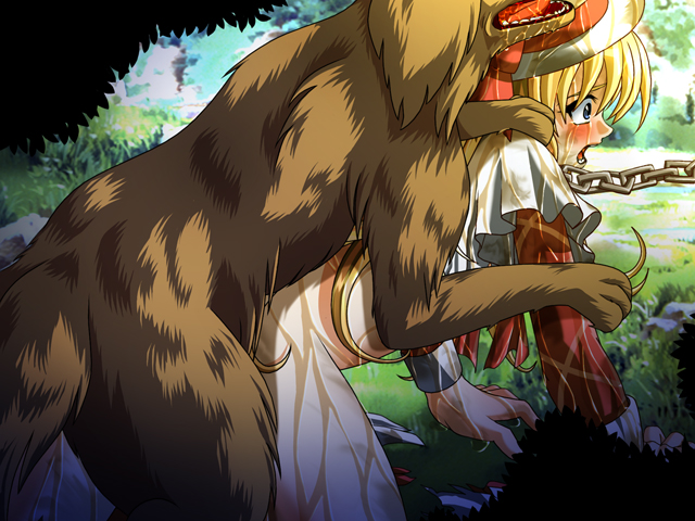 1girl, all fours, bestiality, blush, chain, clothed sex, dog, doggystyle, female focus, from behind, kneeling, open mouth, sex, sex from behind, tears, vaginal