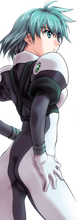 soyosoyo, meia gisborn, vandread, pilot suit, 00s, 1girl, ass, back, bodysuit, female focus, green eyes, green hair, matching hair/eyes, mecha pilot suit, plugsuit (evangelion), short hair, solo