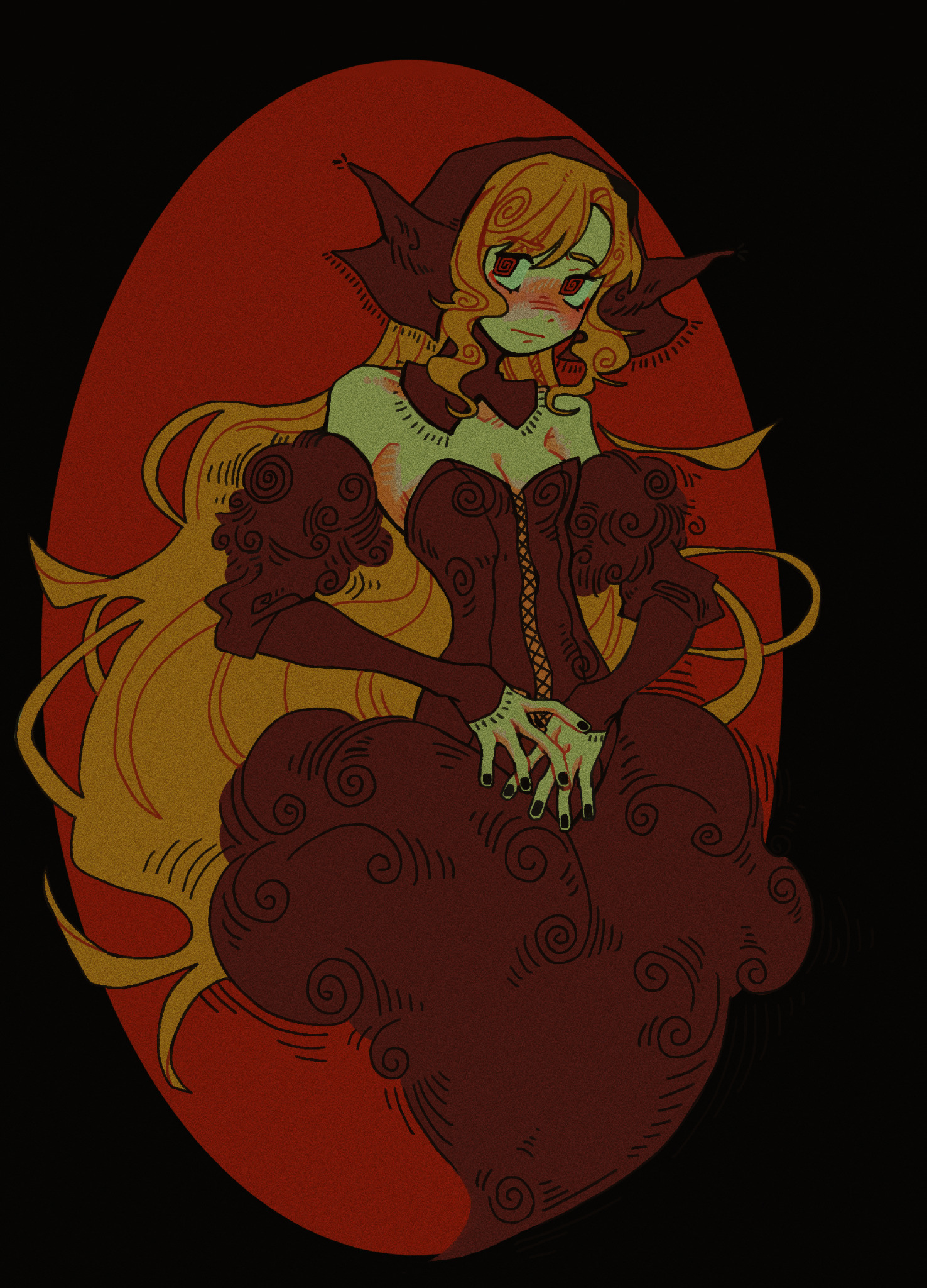 agfgoth 3, marcille donato, marcille donato (lord), dungeon meshi, highres, 1girl, black headscarf, black hood, black nails, blonde hair, detached hood, ear covers, elf, fur dress, headscarf, lace-trimmed headwear, lace-trimmed hood, lace trim, long hair, nail polish, pointy ears, simple background, solo