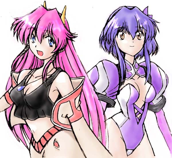 kure, barnette orangello, dita liebely, vandread, 00s, 2girls, bare shoulders, blue eyes, breasts, cleavage, jewelry, large breasts, long hair, midriff, multiple girls, necklace, pink hair, purple hair, short hair, tank top, yellow eyes