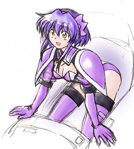 kure, barnette orangello, vandread, 00s, 1girl, breasts, cleavage, elbow gloves, female focus, gloves, medium breasts, purple hair, short hair, sketch, solo, thighhighs, yellow eyes