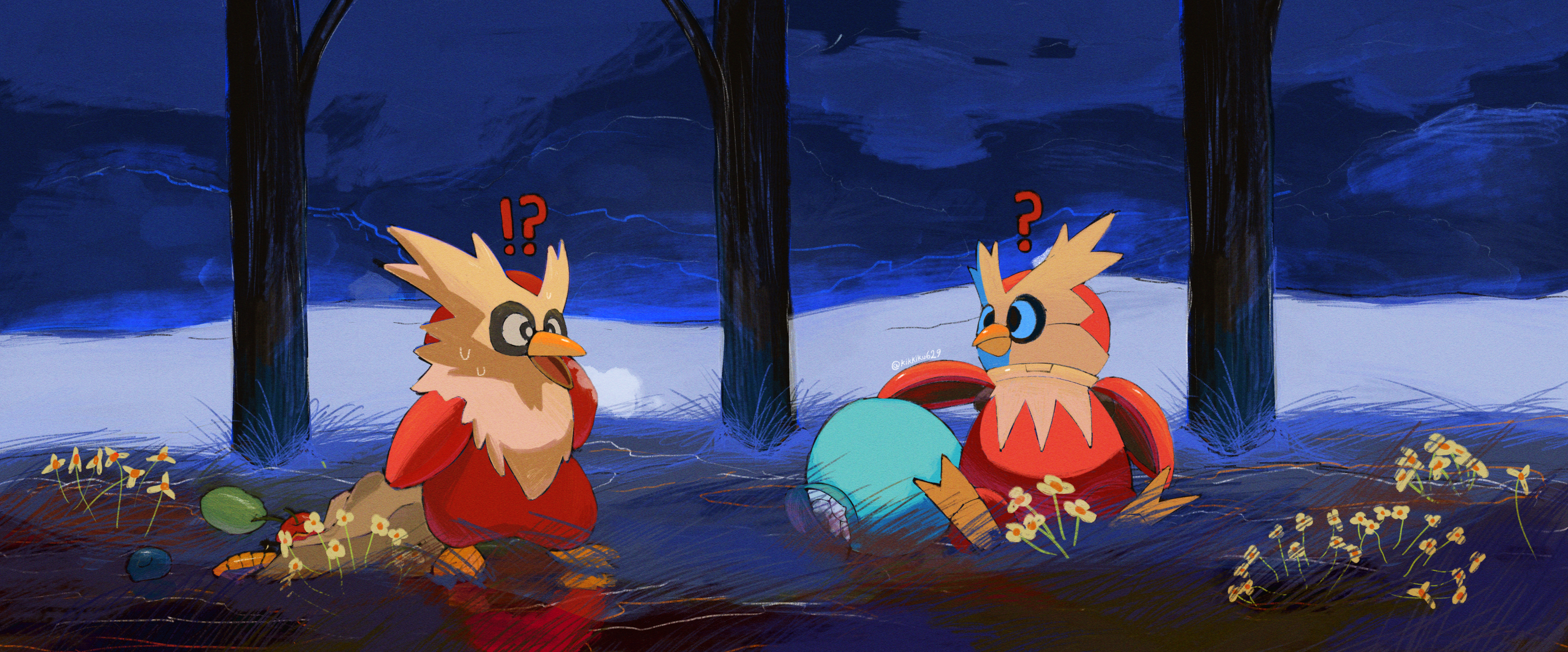 kikkiku629, delibird, iron bundle, nintendo, pokemon, absurdres, clip studio paint (medium), commentary, english commentary, highres, !?, ?, black sclera, blue eyes, closed mouth, colored sclera, flower, food, fruit, gen 2 pokemon, grass, non-humanoid robot, open mouth, outdoors, pokemon (creature), pokemon focus, robot, sitting, sweat, tree
