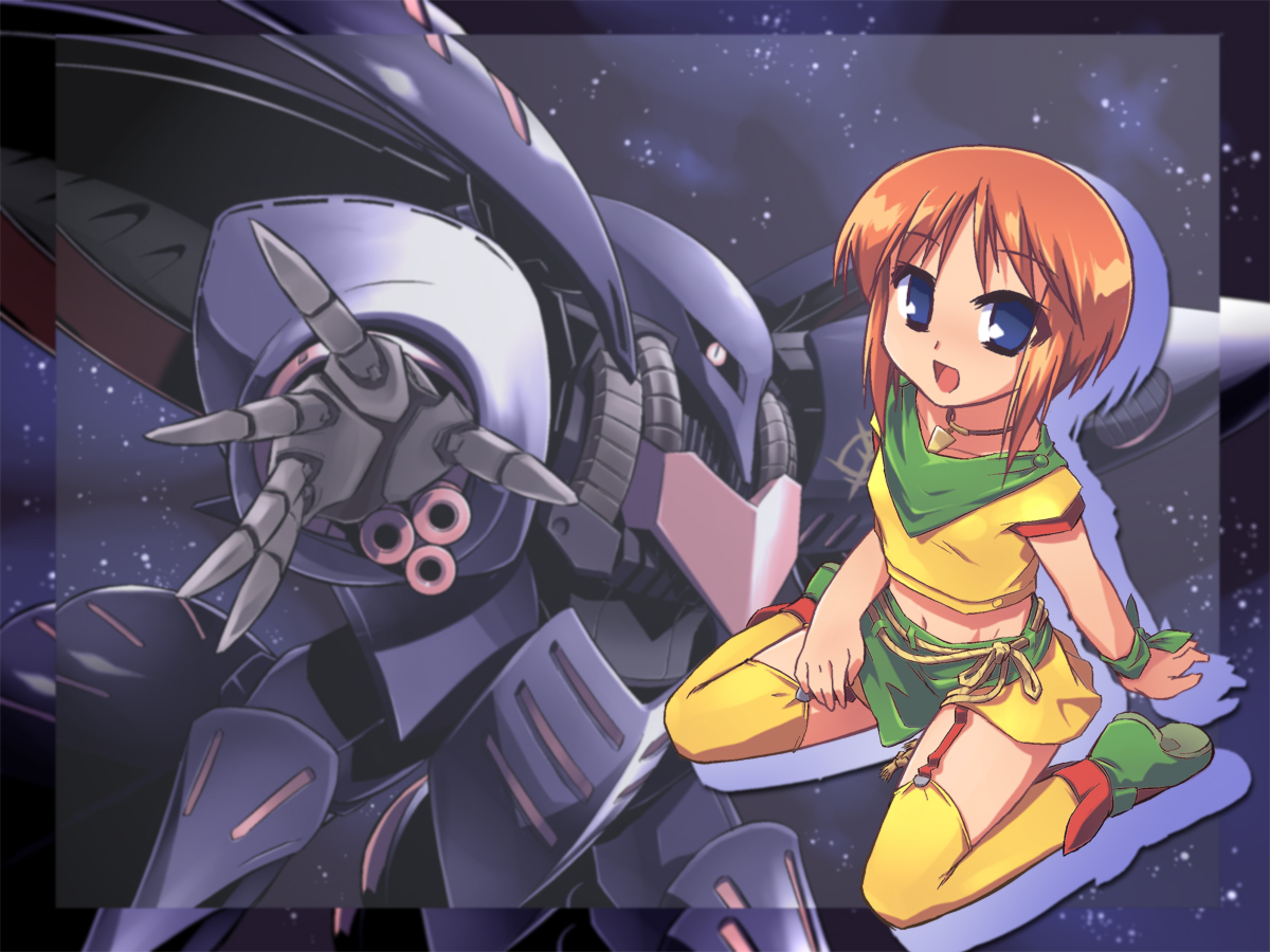 redrantem, tomoshibi hidekazu, elpeo puru, qubeley, qubeley mk ii, gundam, gundam zz, 1girl, blue eyes, female focus, flat chest, garter straps, kneeling, mecha, midriff, orange hair, red hair, robot, short hair, solo, thighhighs