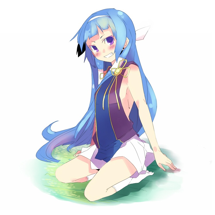 kanikama, nagi, kannagi, 00s, 1girl, blue hair, blunt bangs, blush, female focus, pleated skirt, purple eyes, skirt, smile, solo, white skirt