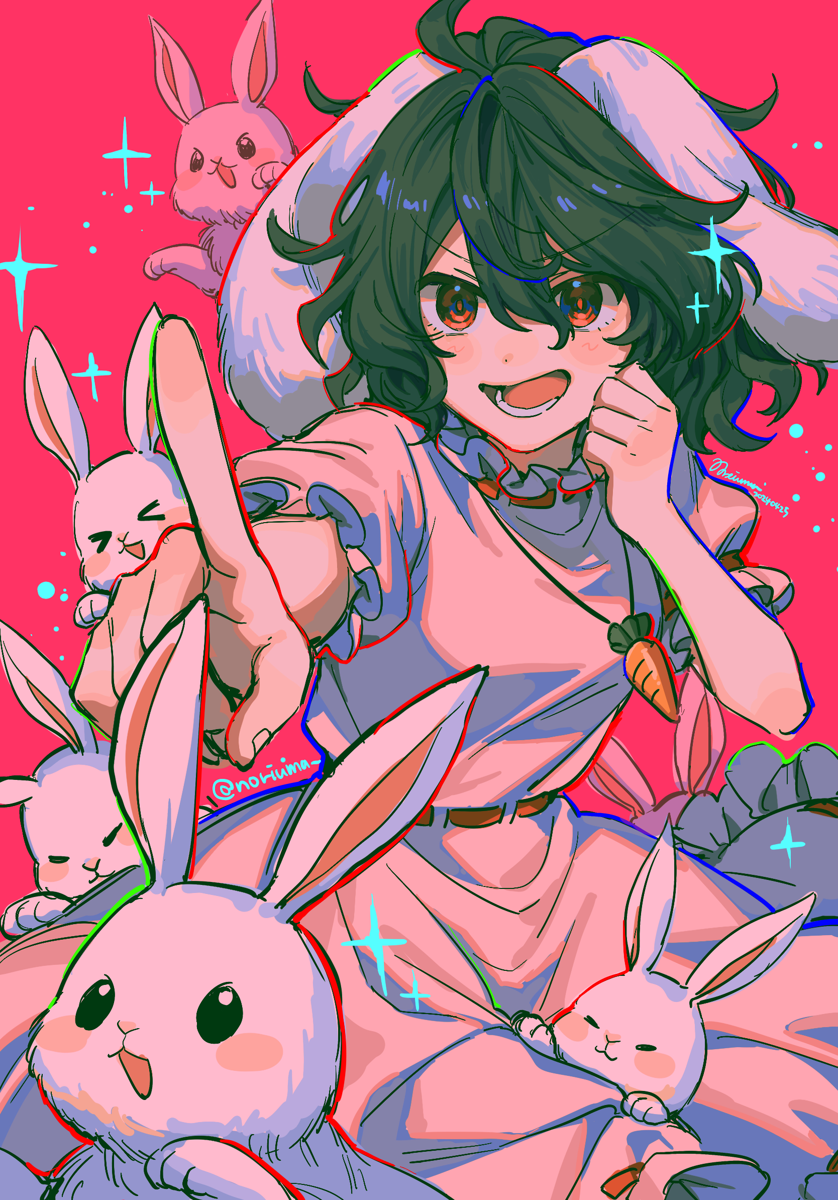 noriuma, inaba tewi, touhou, commentary request, highres, > <, 1girl, animal ears, artist name, black hair, breasts, carrot necklace, closed mouth, cowboy shot, dated, dress, floppy ears, hair between eyes, jewelry, necklace, open mouth, pendant, pink background, pink dress, pointing, puffy short sleeves, puffy sleeves, rabbit, rabbit ears, rabbit girl, red eyes, short hair, short sleeves, smile, solo, sparkle, too many, too many rabbits, twitter username