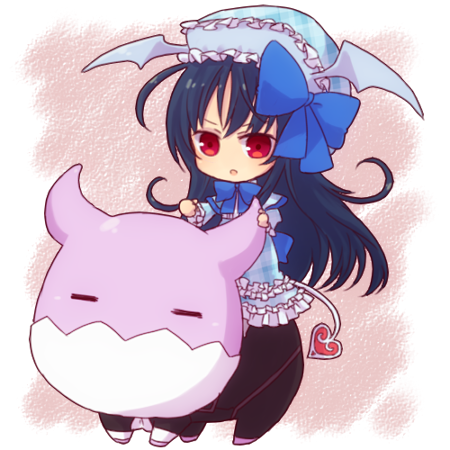 mephistopheles lore, emil chronicle online, lowres, 1girl, black hair, blue dress, blue hat, blue ribbon, chibi, dress, familiar, frilled dress, frilled hat, frills, hair ribbon, hat, heart, heart tail, long hair, open mouth, red eyes, ribbon, riding, riding animal, tail, tarou 4