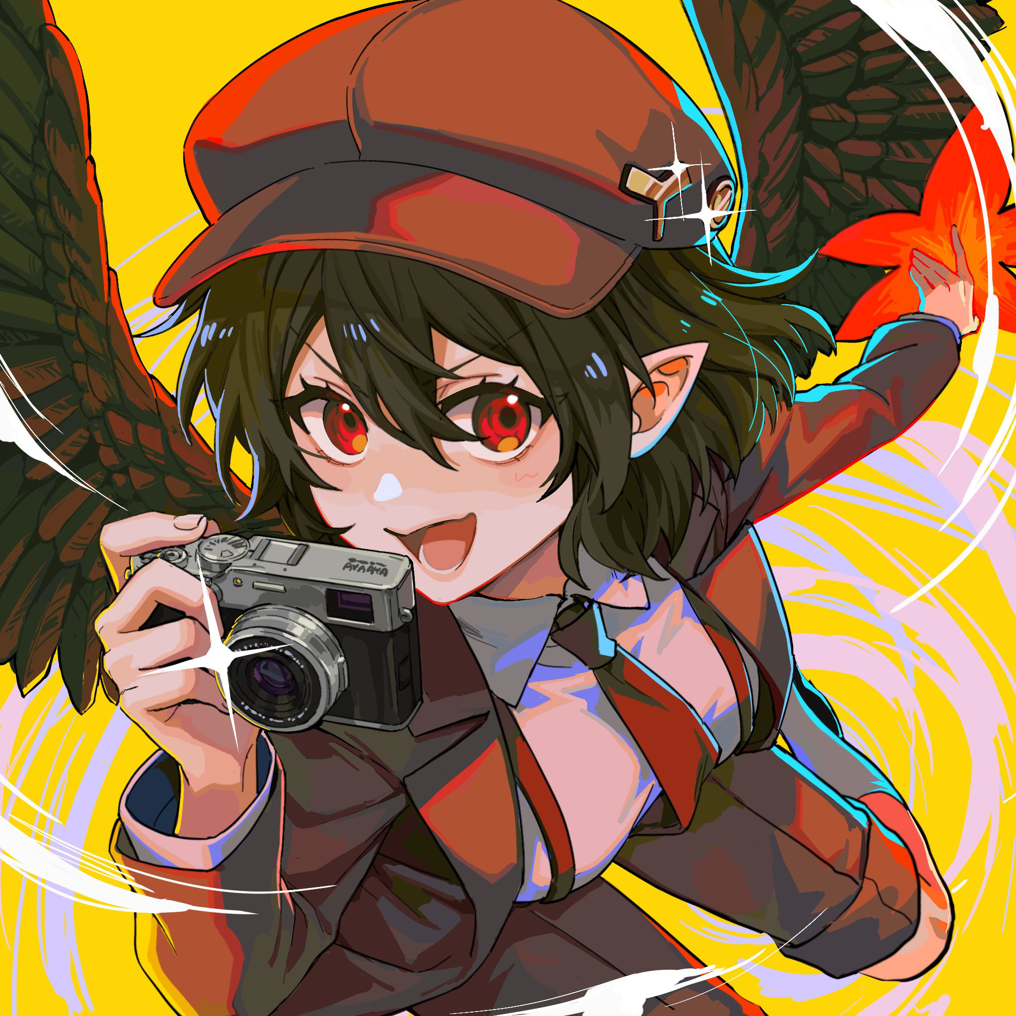 noriuma, shameimaru aya, shameimaru aya (newsboy), touhou, commentary request, highres, 1girl, bird wings, breasts, brown hat, brown jacket, brown shorts, brown wings, camera, collared shirt, feathered wings, flat cap, hand fan, happy, hat, hauchiwa, holding, holding camera, holding fan, jacket, looking at viewer, medium breasts, newsboy cap, open mouth, pointy ears, red eyes, red suspenders, shirt, shorts, simple background, smile, solo, upper body, white shirt, wings, yellow background