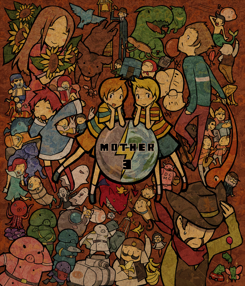 hanokage, boney, claus (mother 3), doseisan, dr. andonuts, duster (mother), flint (mother 3), hinawa, kumatora, leder, lucas (mother 3), pigmask, ultimate chimera, wess, yokuba, mother (series), mother 3, nintendo, vehicle, 2girls, 6+boys, balloon, banana, bell, bird, copyright name, cowboy, cowboy hat, cowboy western, dog, everyone, facial hair, flower, food, frog, fruit, ghost, gun, hat, military, military vehicle, monkey, motor vehicle, multiple boys, multiple girls, mustache, octopus, quiff, sunflower, tank, weapon, western