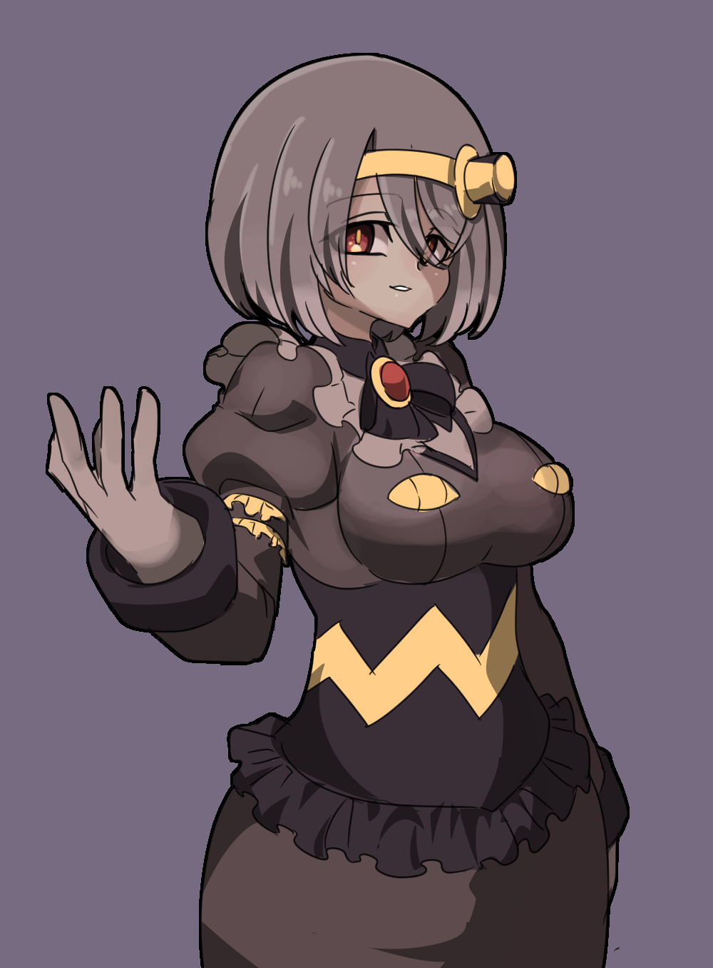 borokuro, dusknoir, nintendo, pokemon, highres, 1girl, black dress, breasts, brooch, dress, gen 4 pokemon, grey background, grey hair, hairband, jewelry, long sleeves, looking at viewer, medium breasts, personification, red eyes, short hair, solo, standing, yellow hairband