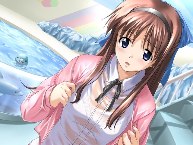 ayakaze ryuushou, kubo serino, run (eroge), game cg, 1girl, blue eyes, blush, dolphin, female focus, hairband, red hair, see-through clothes, solo, stairs, water, wet, wet clothes
