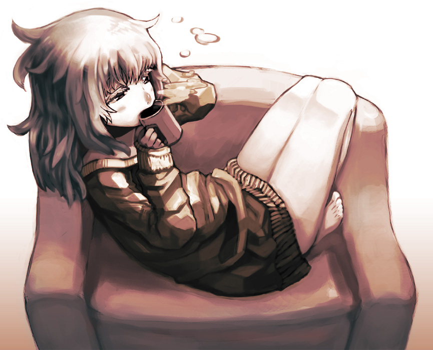 kahadu (kawazu), original, bad id, bad pixiv id, 1girl, armchair, barefoot, chair, coffee, cup, dress, drinking, eyelashes, feet, female focus, legs, monochrome, mug, sepia, sitting, solo, sweater, sweater dress